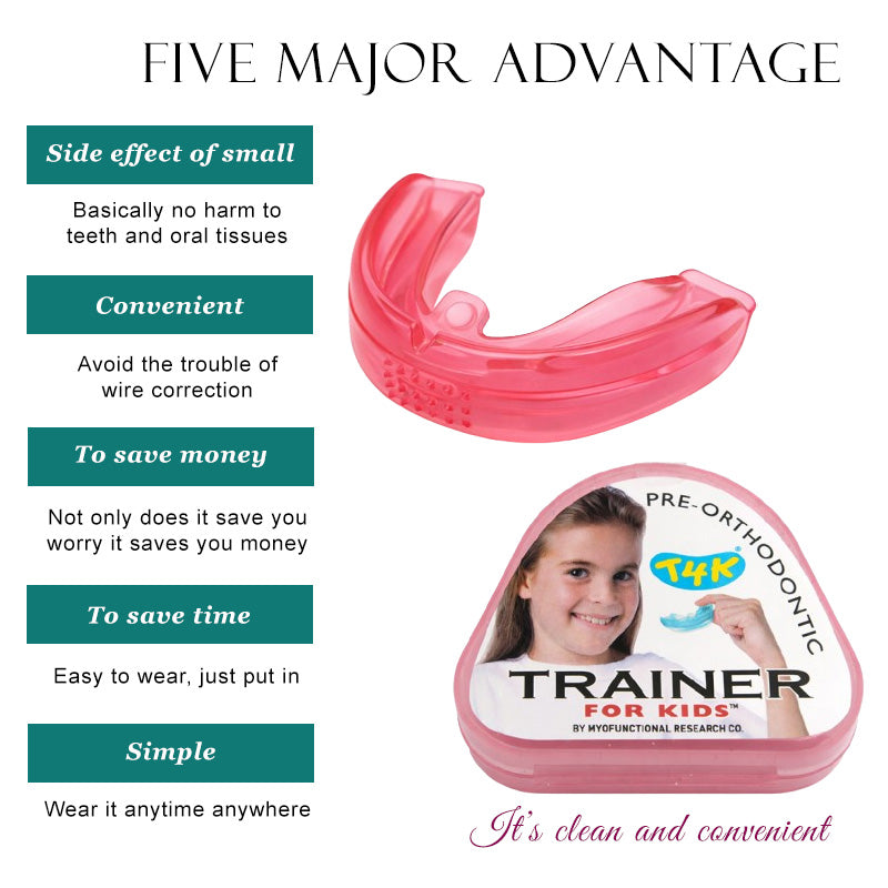 Myofunctional Research Co. MRC Trainer T4K for Kids Phase 1 soft pink orthodontic appliance with adjustable splints.