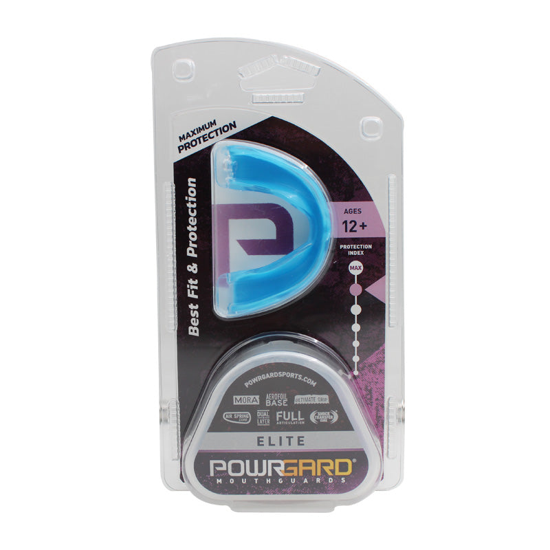 Myofunctional Research Co. POWRGARD ELITE dual layer mouthguard for ages 12+, trainer appliance designed for oral protection.