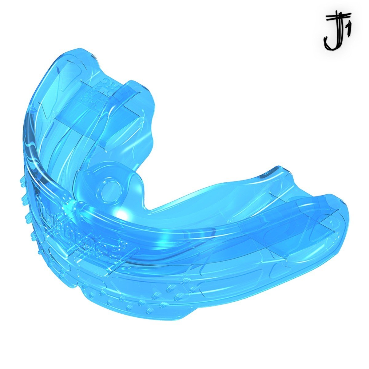 Blue Myobrace for Juniors, a stage 1 trainer appliance by Myofunctional Research Co., shown fitted on a child's teeth.