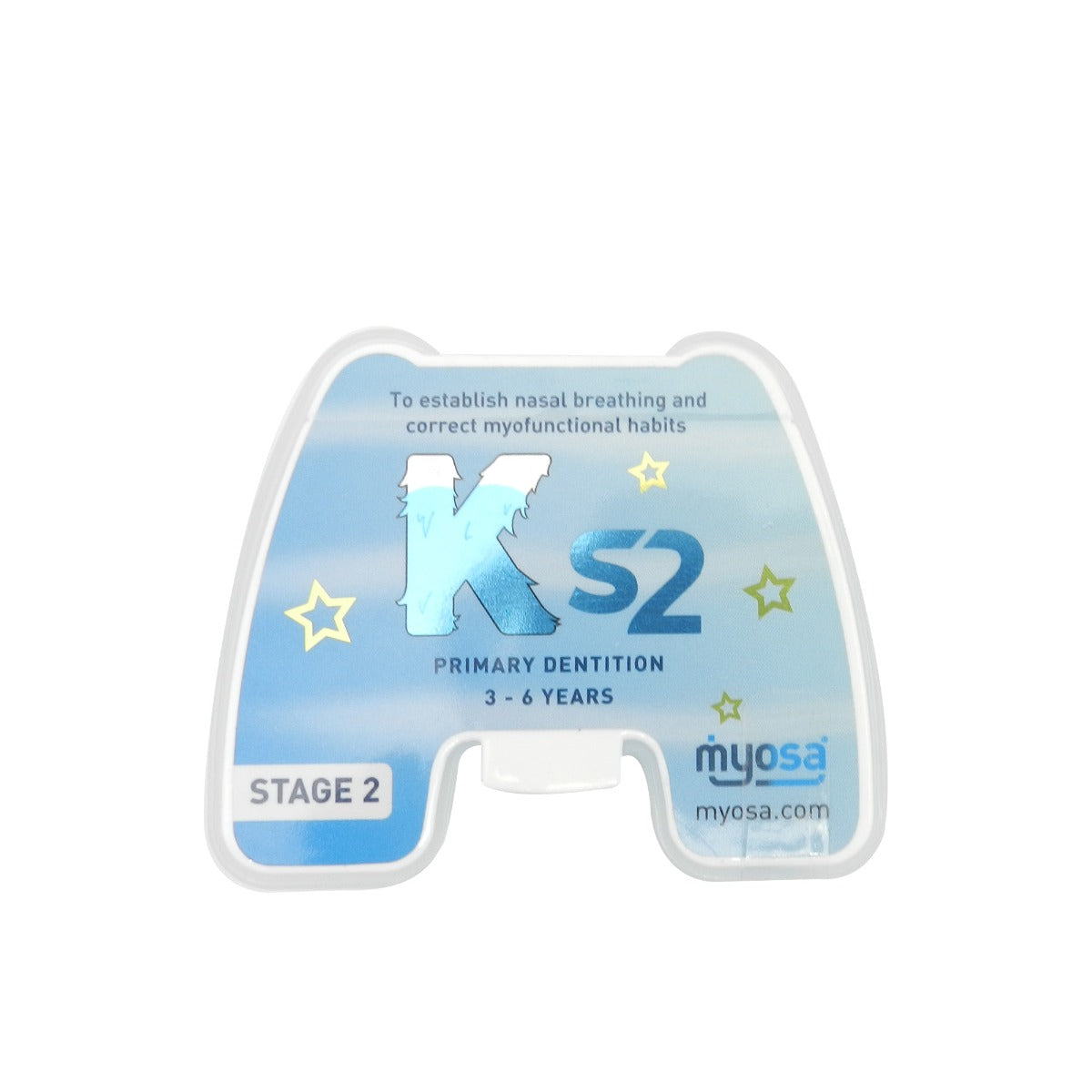 Blue Stage 1 MRC Myosa trainer appliance for kids by Myofunctional Research Co., designed for oral muscle training and splint therapy.