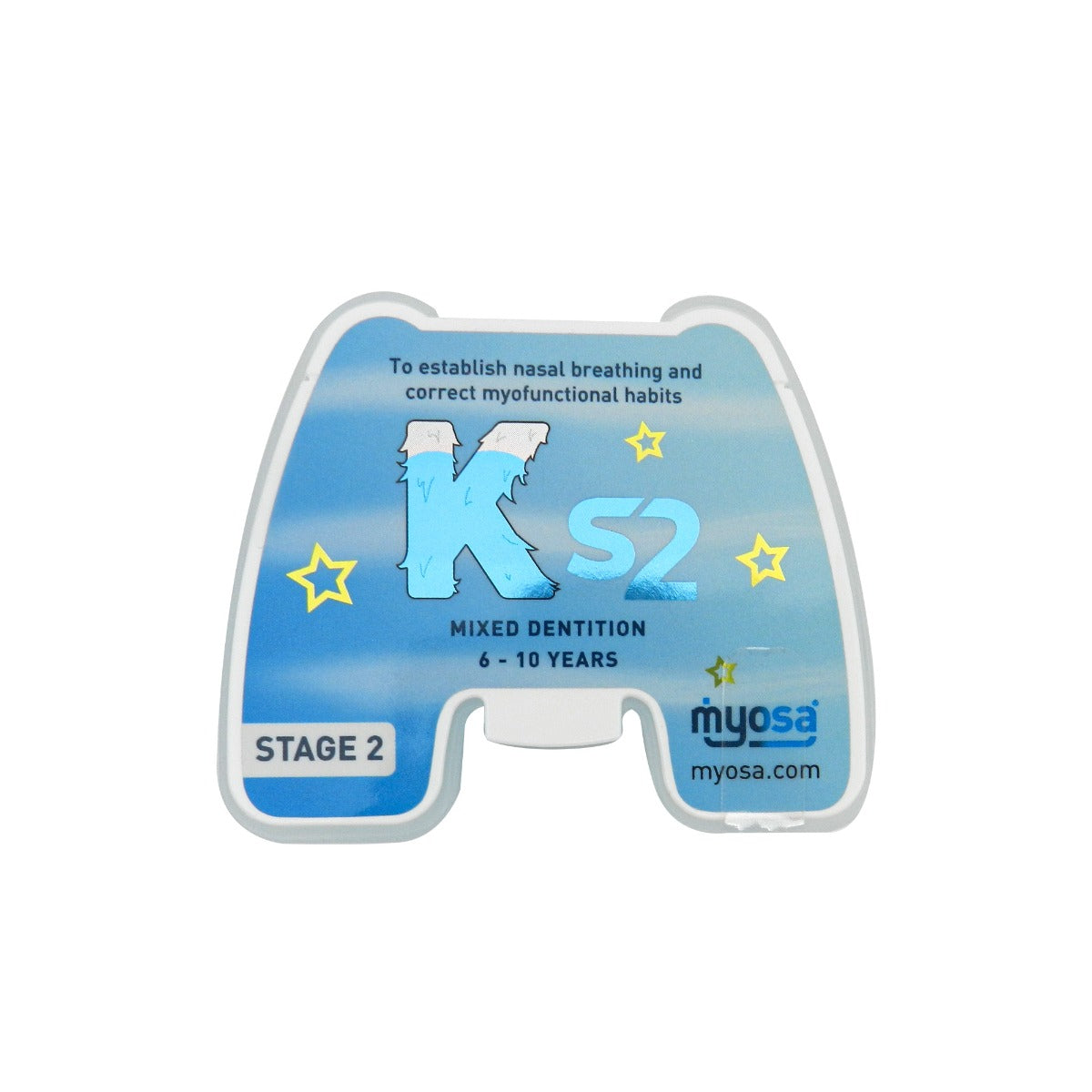 Blue small MRC Myosa trainer appliance for kids, used for myofunctional therapy and orthodontic splint treatment.