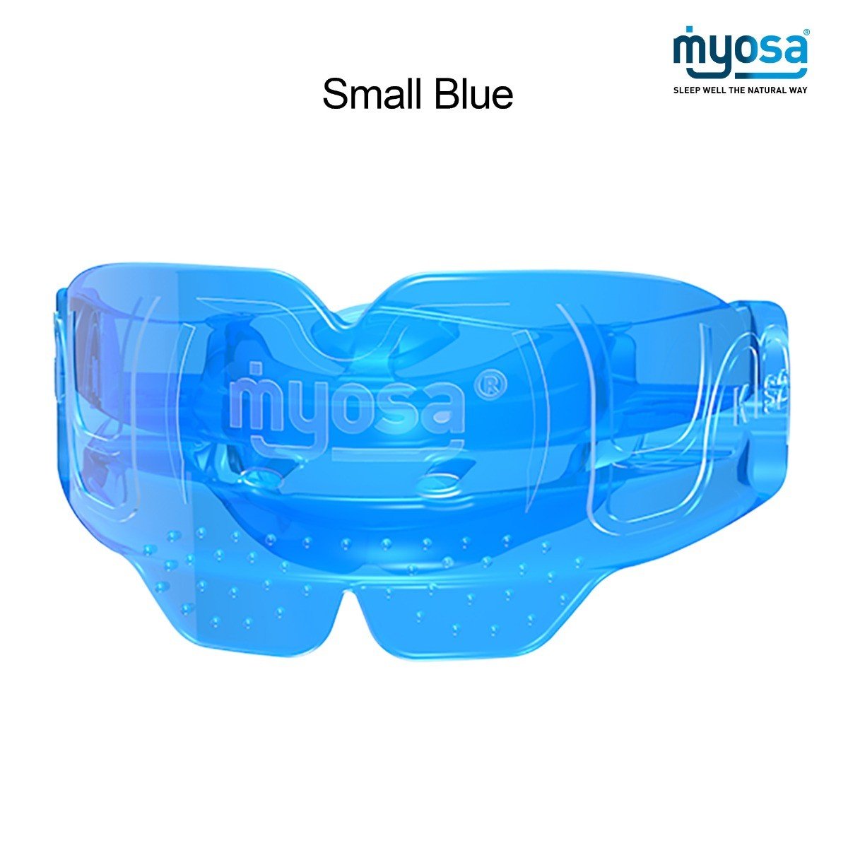 Blue Stage 1 MRC Myosa trainer appliance for kids, designed by Myofunctional Research Co., used as a splint for oral therapy.