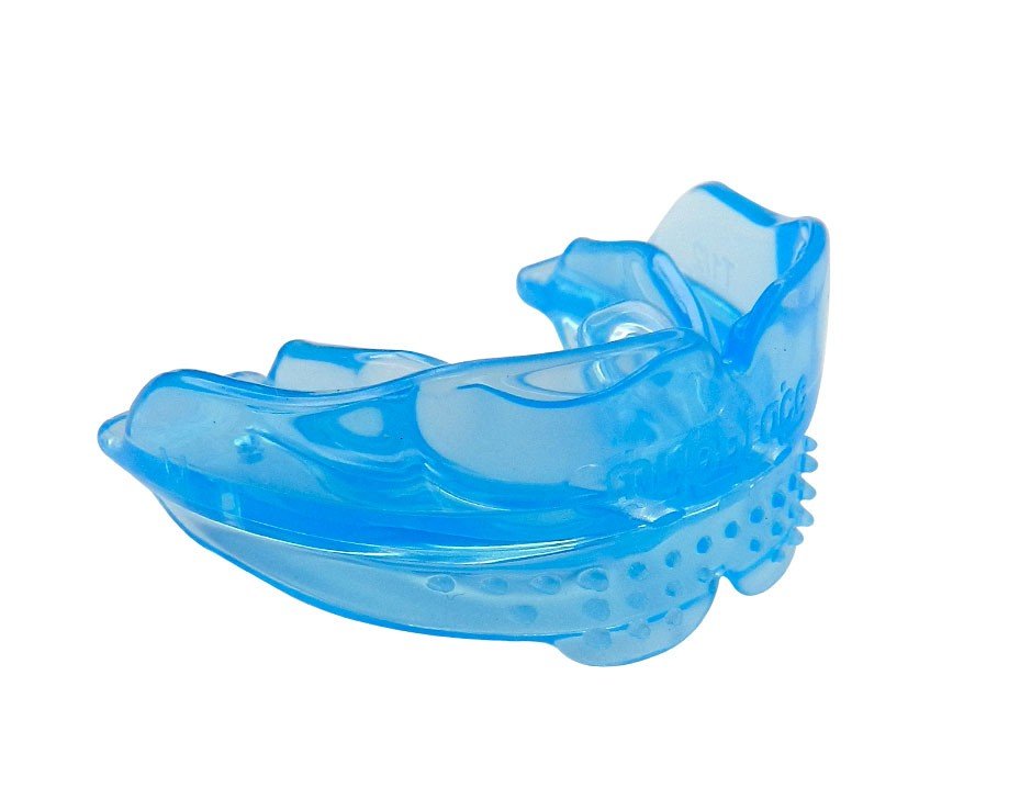 Large blue MRC Myobrace trainer appliance for teens, used for orthodontic correction and oral muscle training.