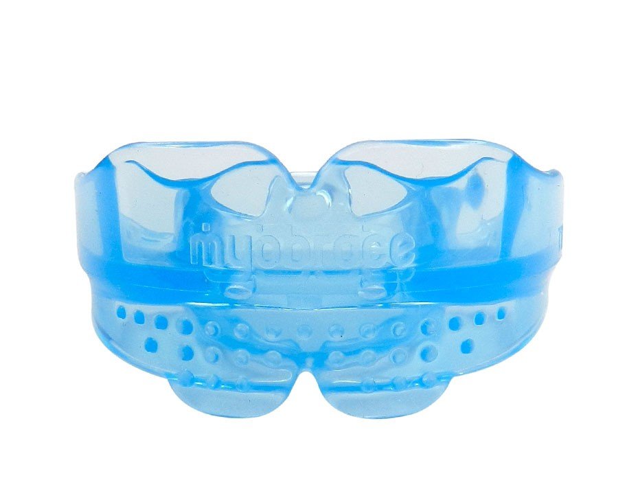 Blue MRC Myobrace trainer appliance for teens, stage 1, made by Myofunctional Research Co., shown in a close-up image.