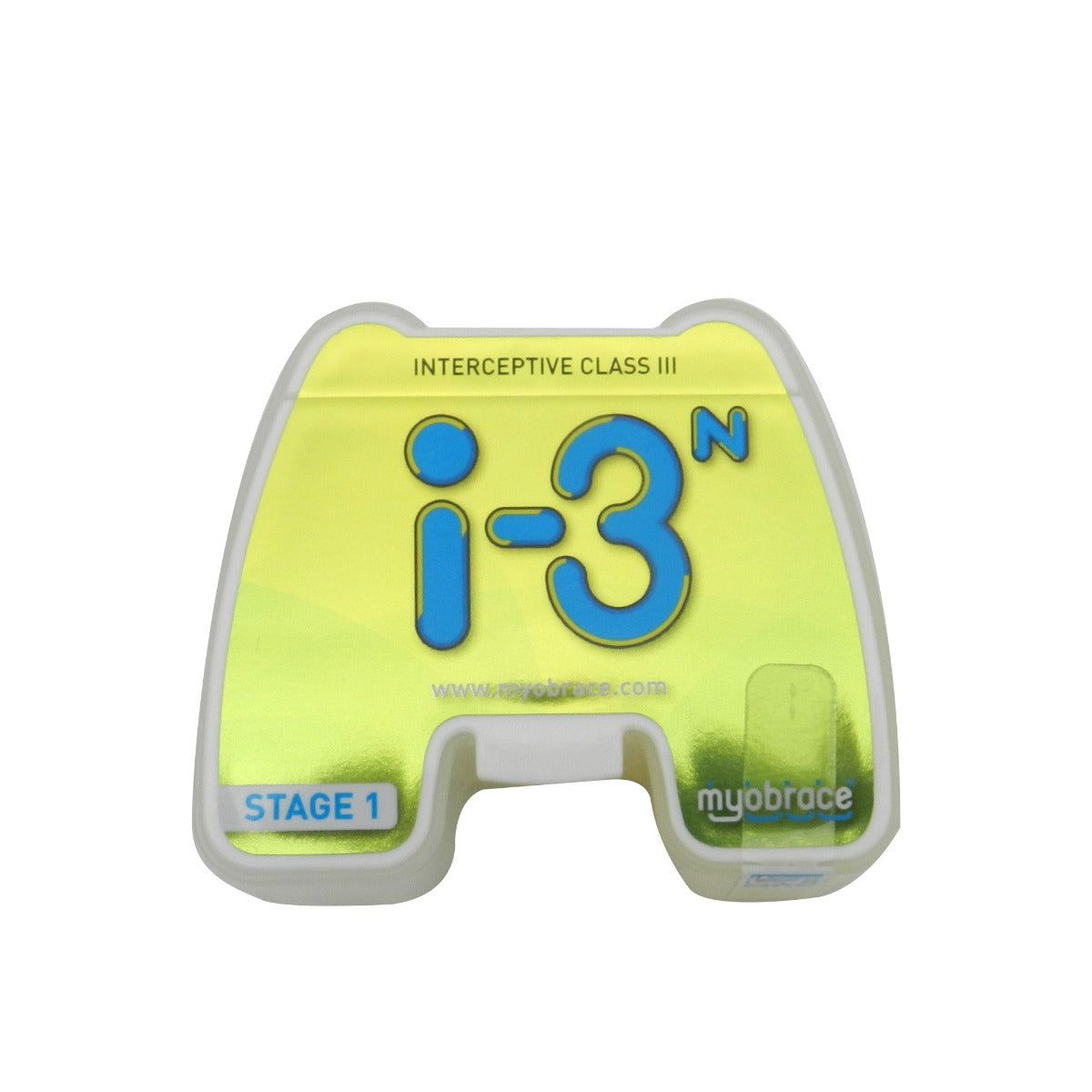 Large yellow MRC Myobrace Interceptive Class I3 trainer appliance by Myofunctional Research Co. for orthodontic correction.