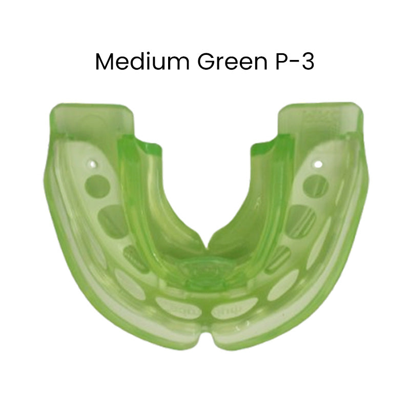 Myobrace Permanent Dentition Class III trainer appliance by Myofunctional Research Co. in medium green for stage 2 orthodontic treatment.