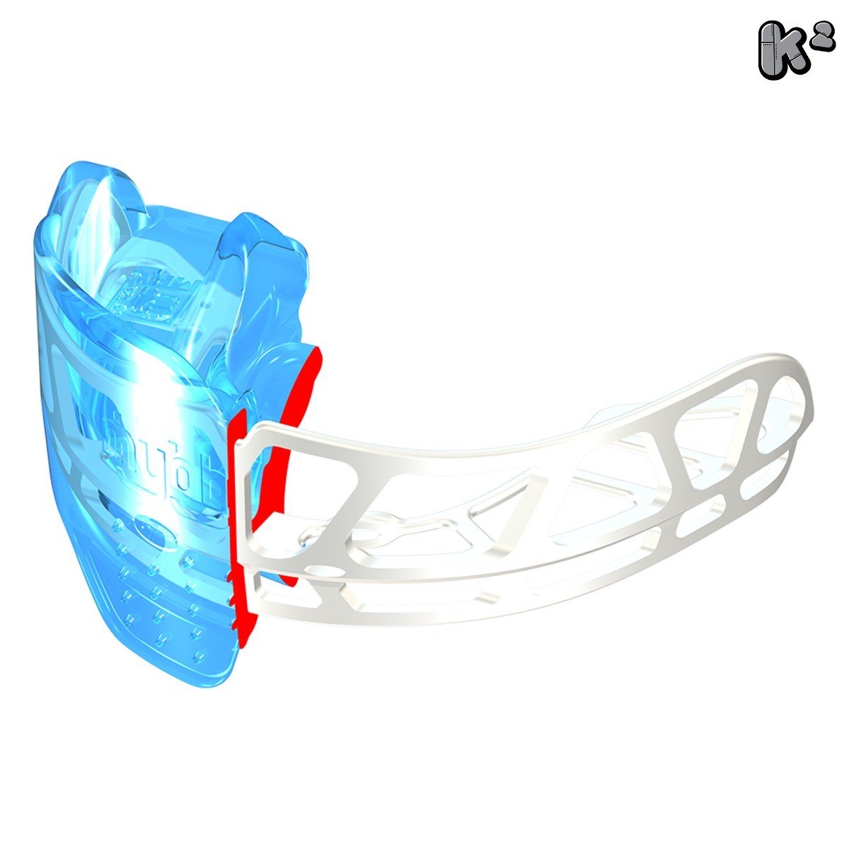 White and blue MRC Myobrace K2 trainer appliance for kids, designed to improve oral habits and jaw development.