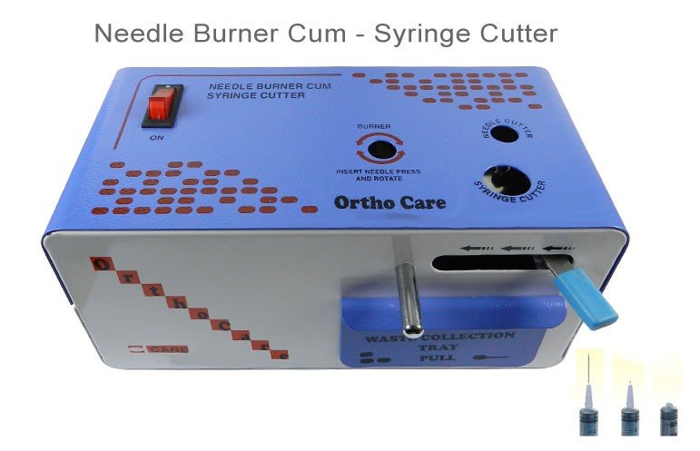 OrthoCare manual syringe cutter and needle burner, electrical device for safely destroying and disposing of needles.