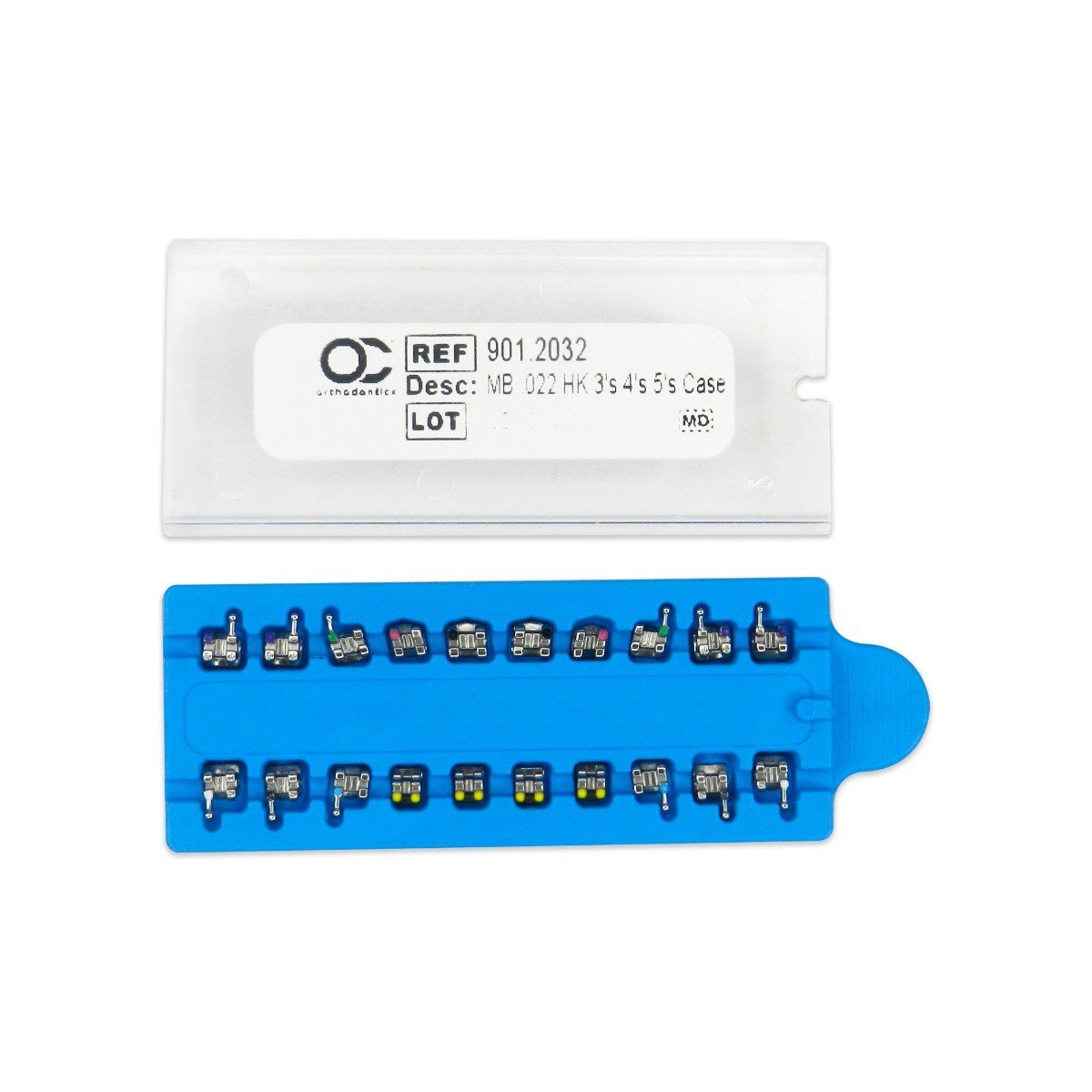 OrthoClassic Bio-Mim Mini Twin Standard Metal Brackets for orthodontic treatment, shown in a pack of 20 on a white background.