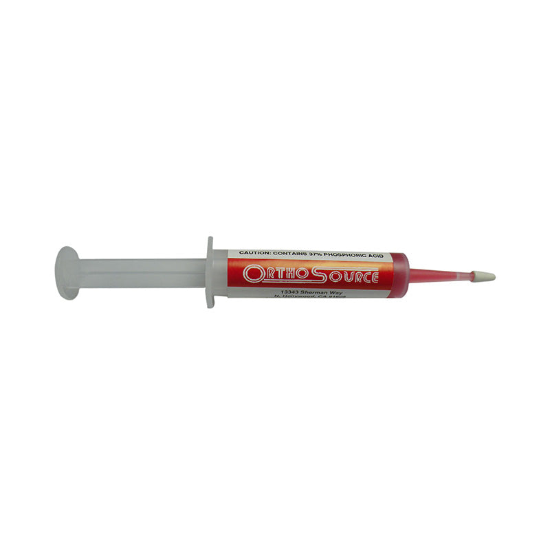 Orthosource 37% etchant gel syringe, 12g, shown in a red applicator tip for dental enamel preparation.
