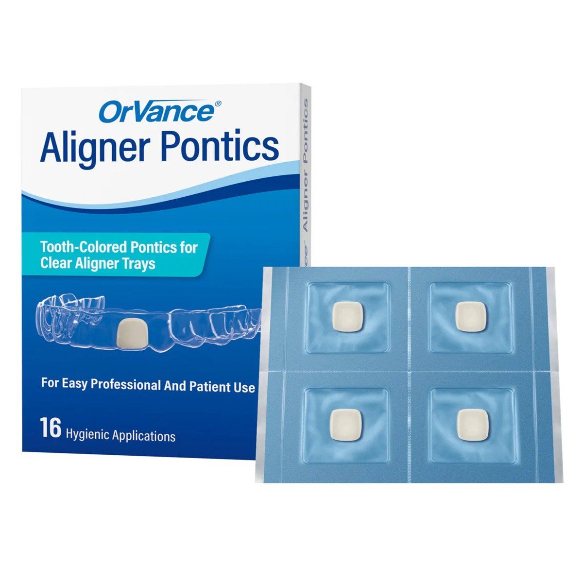 OrVance Aligner Pontics adhesive for dental aligners, shown applied to dental model with aligner in place.