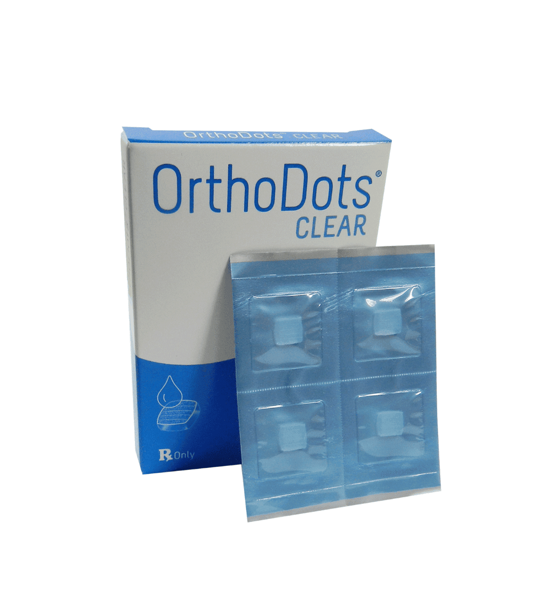 OrVance Ortho Dots Clear patient relief wax for mouth appliances, shown on a dental appliance in use.