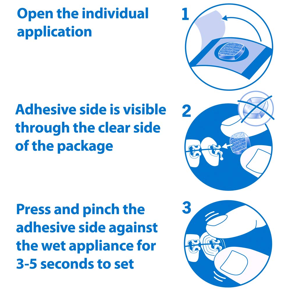 OrVance Ortho Dots Clear patient relief wax for orthodontic appliances, shown on a dental model.