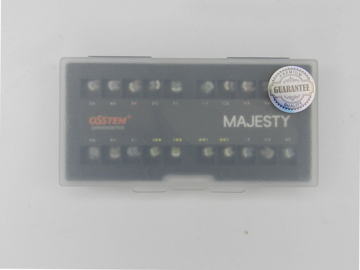 Osstem Majestry Ceramic SL Bracket for orthodontic treatment, shown in a kit with inter-active aesthetic brackets by Osstem Orthodontics.