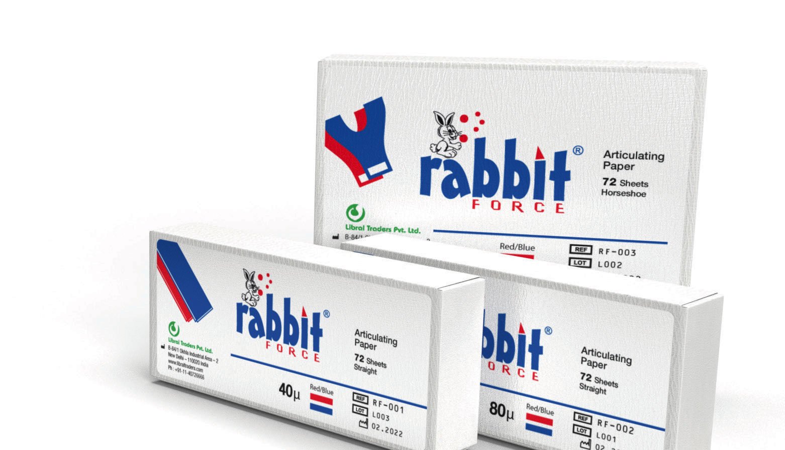 Rabbit Force RF articulating papers in blue and red, straight and horseshoe shapes, used for dental or technical marking applications.