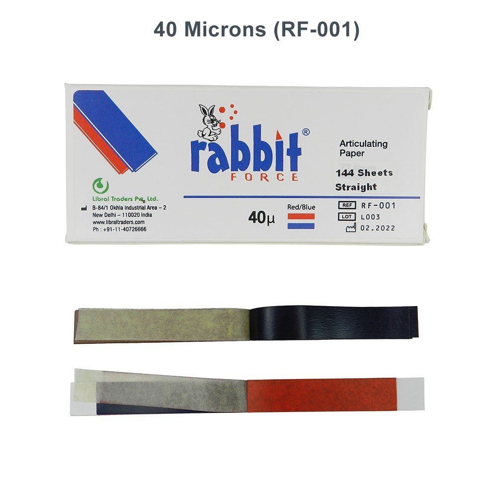 Rabbit Force RF articulating papers in blue and red for dental use, showing straight and horseshoe shapes on a flexible articulating film.