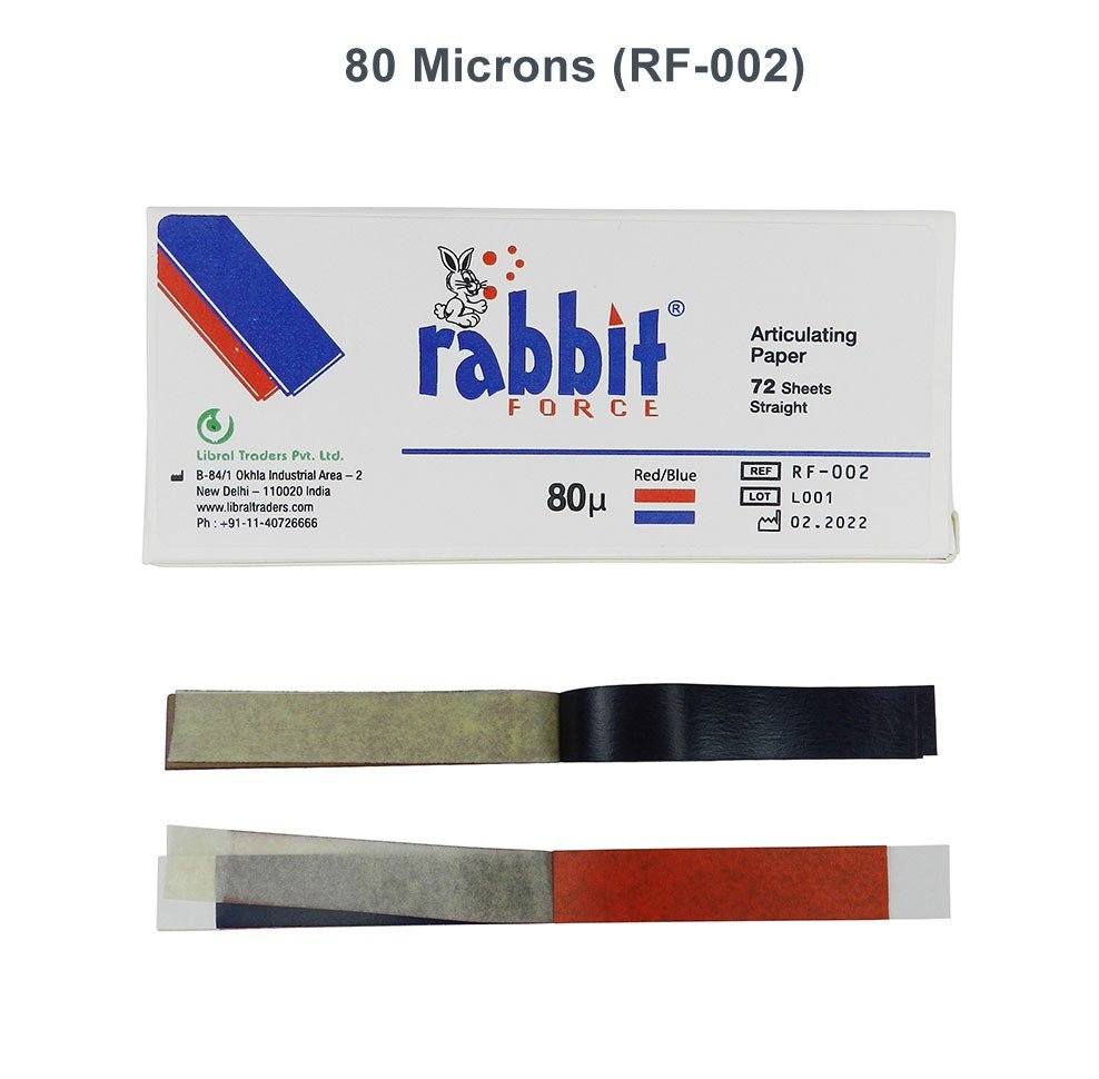 Rabbit Force RF articulating papers, blue and red horseshoe and straight flim for dental or industrial marking applications.