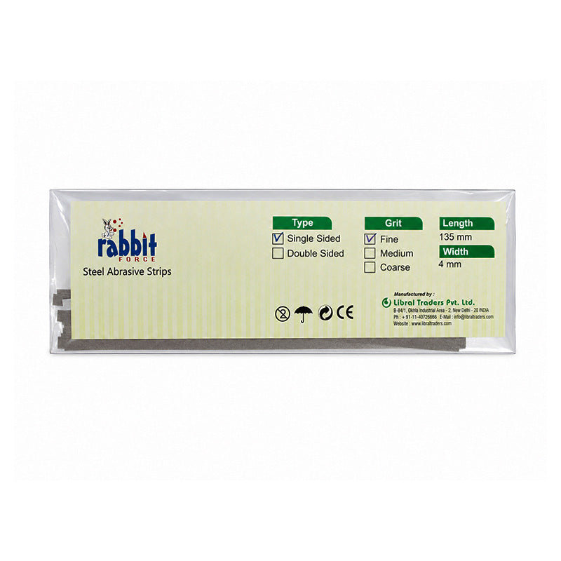 Rabbit Force RF Steel Separating Abrasive IPR Strips 4 mm for burs and IPR procedures, single-sided coarse abrasive strip.