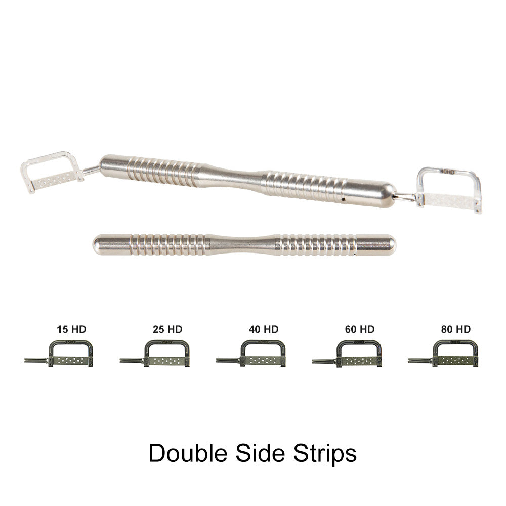 Rabbit Force RF manual handle with yellow IPR strips for burs, 15 meters length, in a single pack, used for dental procedures.