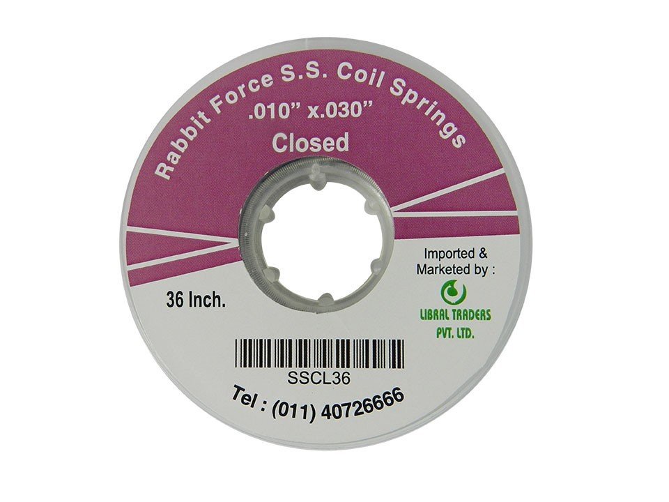 Close-up of Rabbit Force RF SS Closed Coil Spring, .010" x .030" in a 36-inch spool, showing the spring's coil and metallic finish.