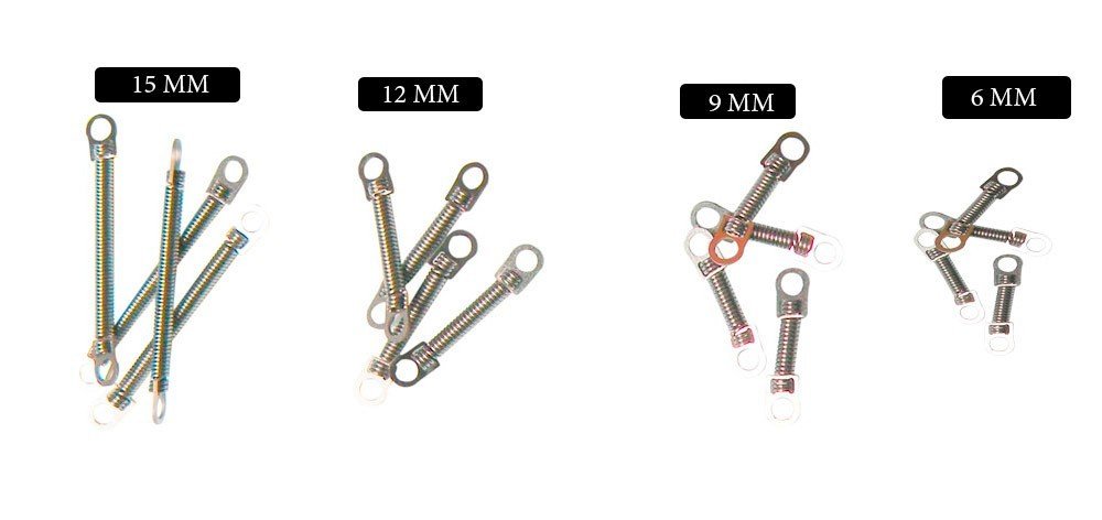 Rabbit Force RF Niti closed coil springs with eyelets, 6mm length, durable tension springs for mechanical projects.