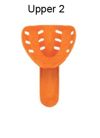 Red disposable orthodontic impression tray by Rabbit Force, designed for upper dental impressions in orthodontic procedures.