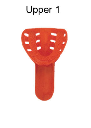 Red upper orthodontic disposable impression tray by Rabbit Force, designed for accurate dental impressions.