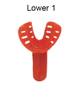 Red disposable orthodontic impression tray by Rabbit Force, designed for upper dental impressions, shown in a close-up image.