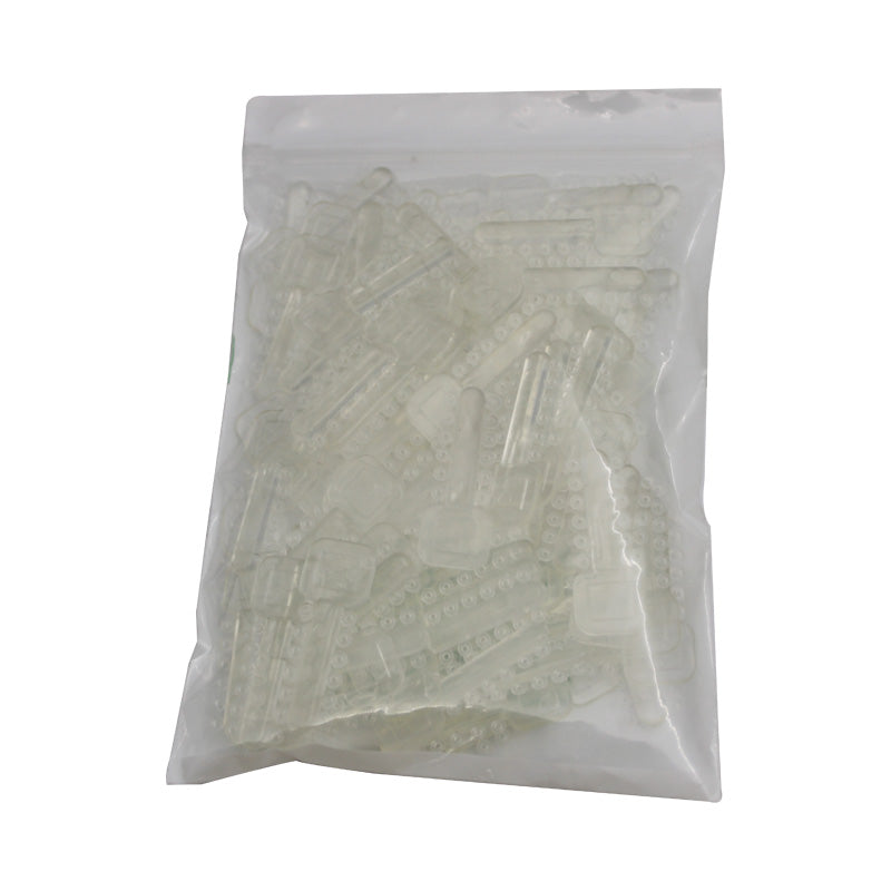 Clear Rabbit Force Mini Stix Ligature Ties for orthodontic appliances, shown in a close-up image of the small, transparent ties.