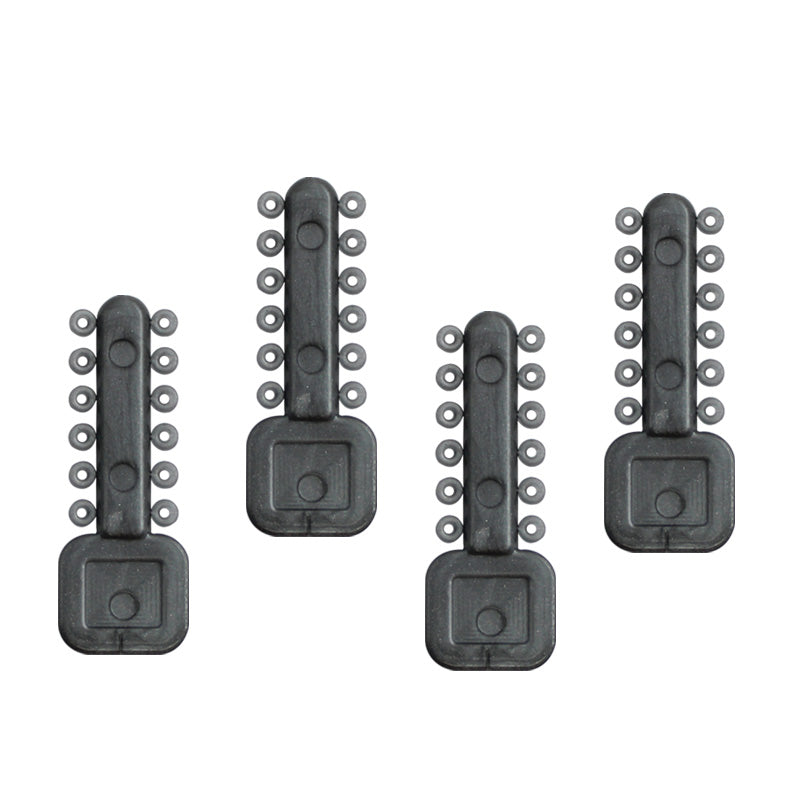 Clear Rabbit Force Mini Stix Ligature Ties used for securing orthodontic brackets on teeth.