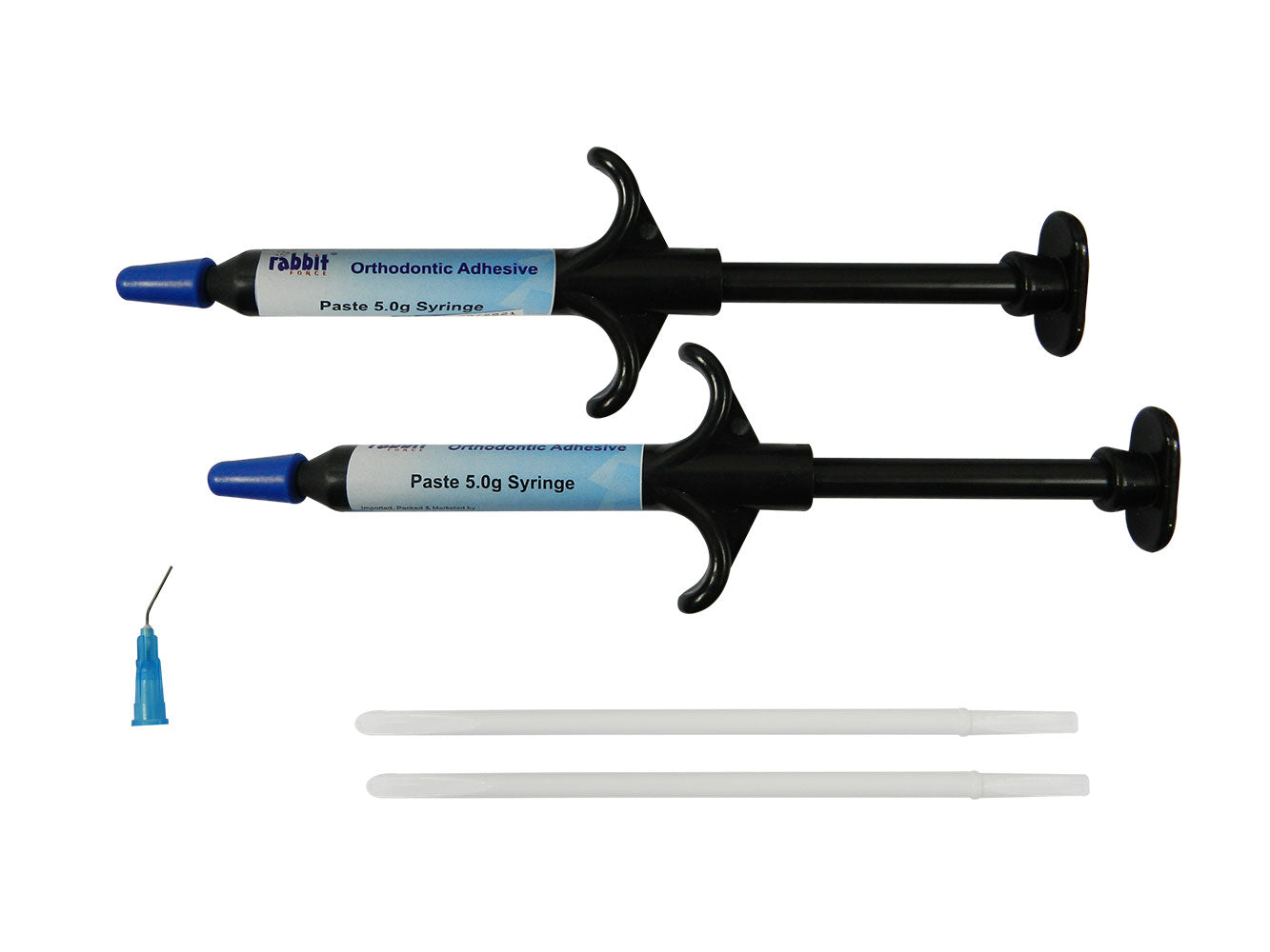 Rabbit Force RF LC Blue Bite Cement light cure adhesive kit with two syringes for dental bonding and repair.