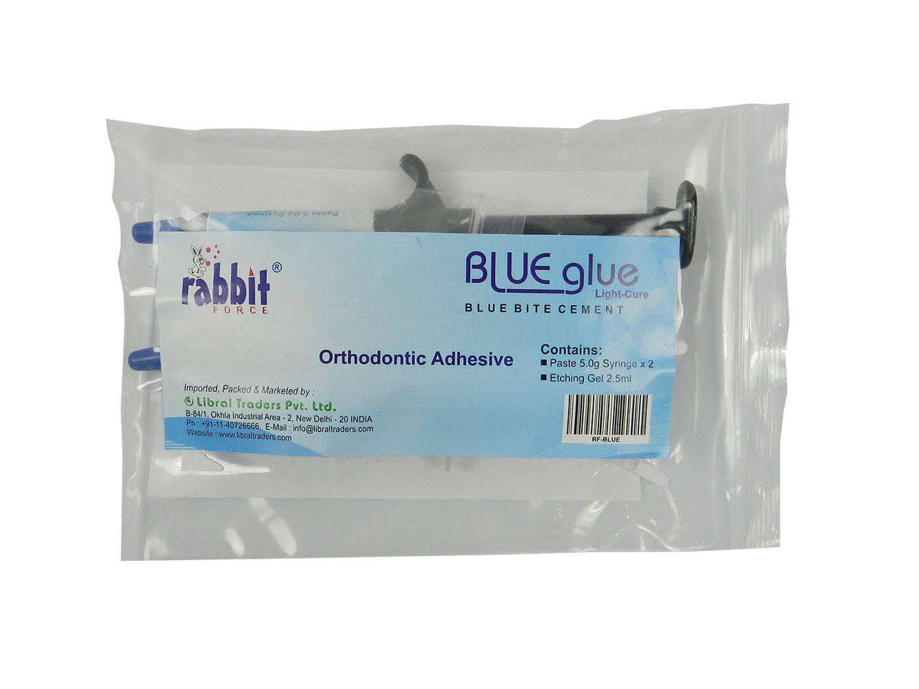 Rabbit Force RF LC Blue Bite Cement light cure adhesive kit with two syringes for dental or orthodontic use.