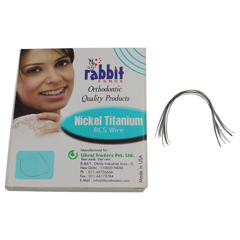 Rabbit Force RF Niti RCS Wire, flexible nickel titanium orthodontic wire for braces, shown in a close-up image.