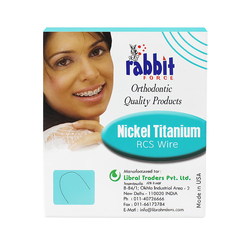 Close-up of Rabbit Force RF Niti RCS Nickel Titanium Wire used in orthodontic appliances, showing smooth, flexible wire with a shiny surface.
