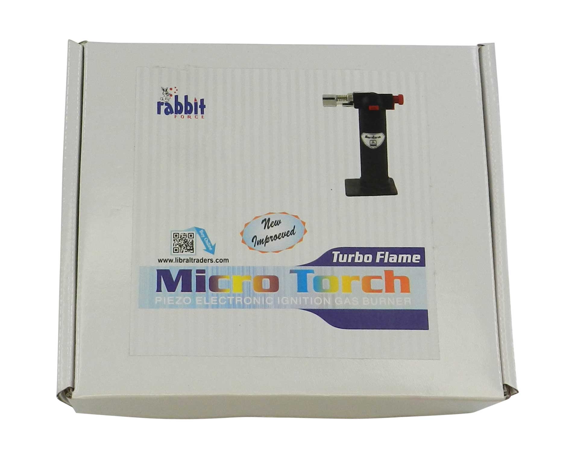 Rabbit Force solder torch with blue labeled plastic body, compact and handheld for precise soldering tasks.