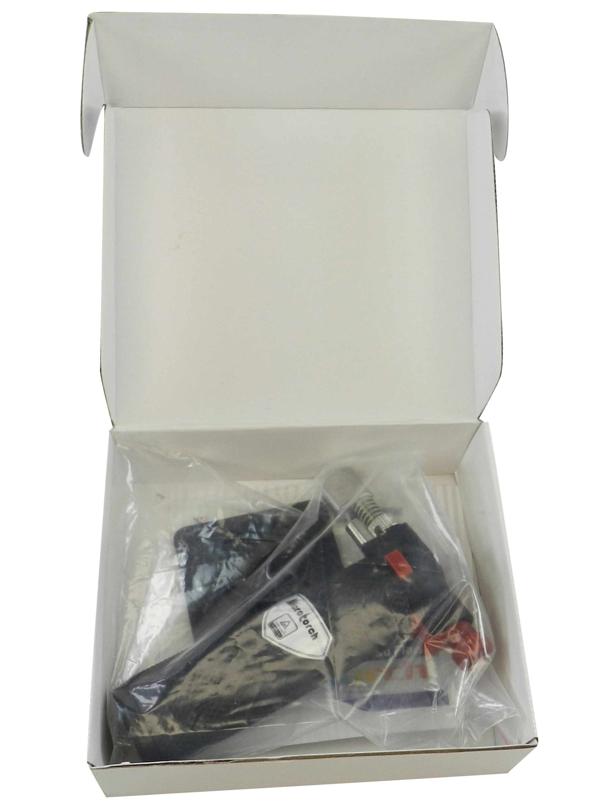 Rabbit Force solder torch with plastic body and blue label, handheld soldering tool for precise welding applications.