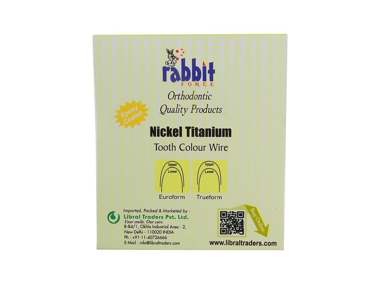 Rabbit Force RF Niti epoxy coated tooth color wires for dental appliances, shown in an upper arch with natural tooth matching.