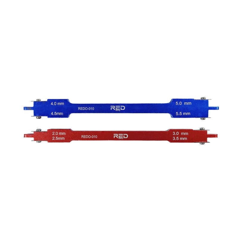 Red Ortho MBT Bracket Gauge 022 used for precise bracket positioning in orthodontic treatment, featuring a red plastic body.