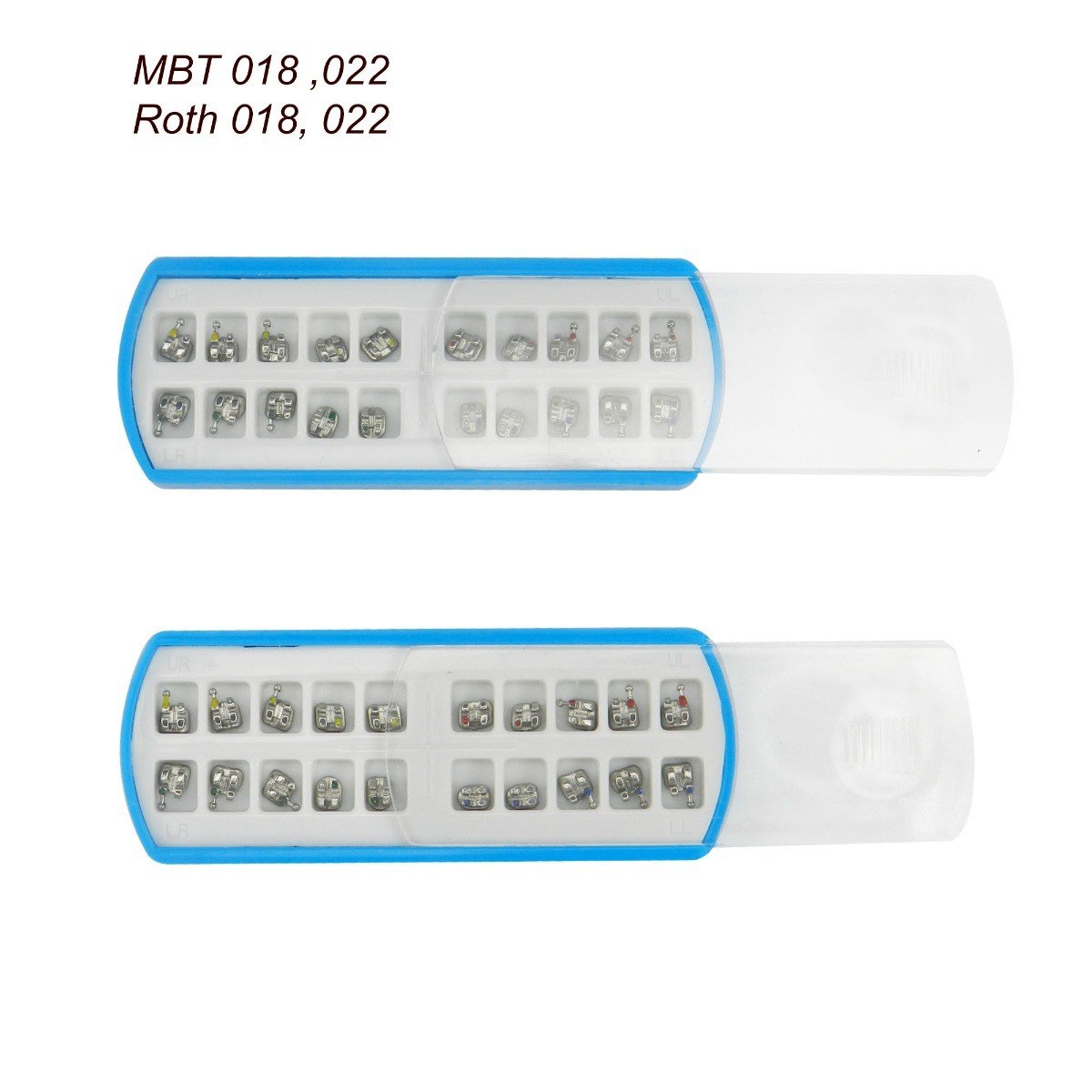 Red Ortho Metal MBT/ROTH Mini Brackets kit with red-colored brackets for orthodontic dental treatment.