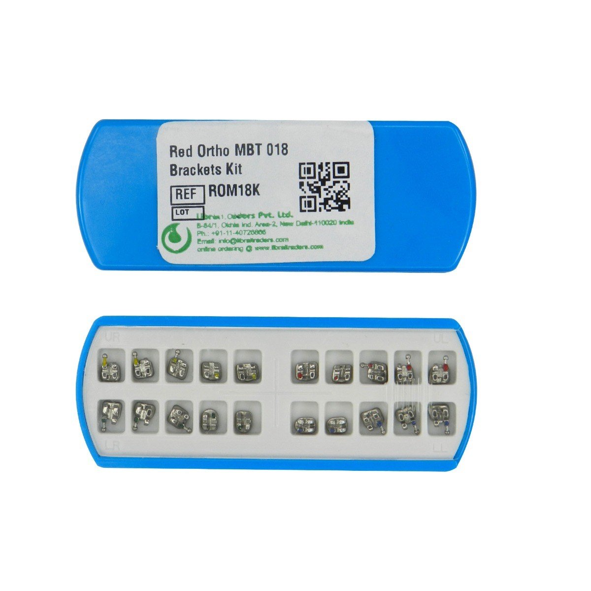 Red Ortho Metal MBT/ROTH Mini Brackets kit showing small, durable orthodontic brackets for braces treatment.