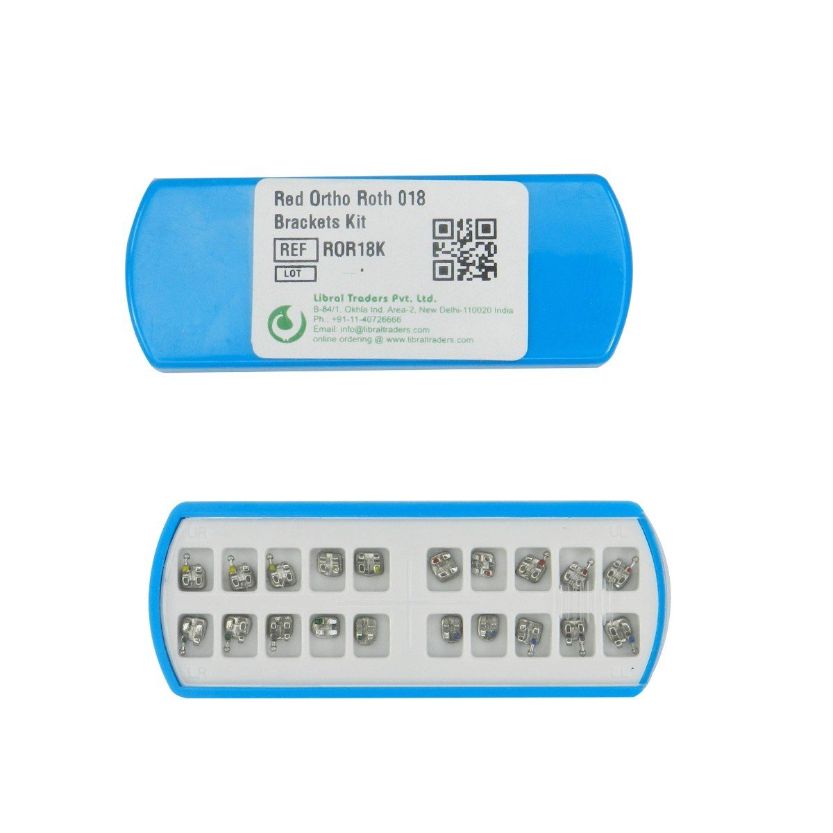 Red Ortho MBT and ROTH mini metal brackets kit for braces, showing small orthodontic brackets with red accents.