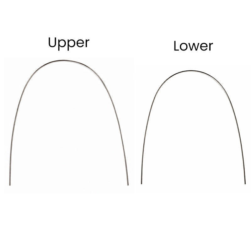Red Ortho stainless steel preformed wires for orthodontic use, shown in a set of 12 upper wires on a white background.