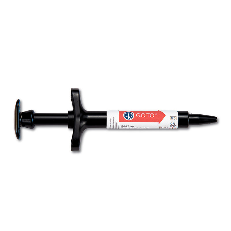 Reliance GOTO Light Cure Adhesive in a 4g syringe, orthodontic light cure adhesive for dental bonding and repair.
