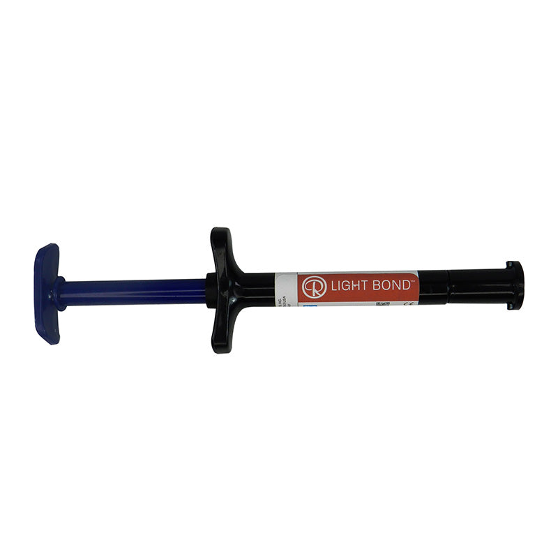 Reliance Orthodontic Light Cure Adhesive Light Bond Medium syringe, 5 grams, shown in a clear applicator for orthodontic use.