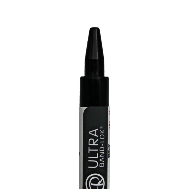 Reliance Ultra Band-Lok Light Cure Compomer Band Cement syringe for orthodontic use, 5 grams, in a clear syringe applicator.