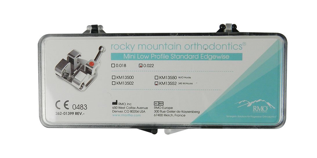RMO Edgewise Brackets Kit with Hook, metal orthodontic brackets for dental alignment, includes sizes 3, 4, and 5.