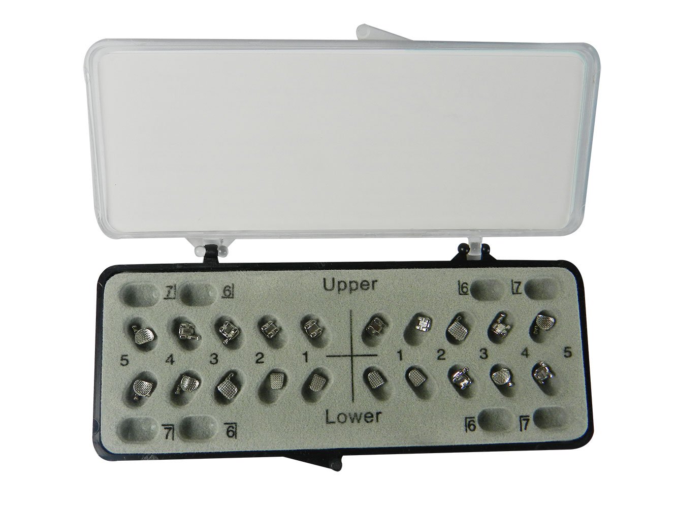 RMO Edgewise Brackets Kit with Hook, metal brackets for orthodontic use, includes brackets sizes 3, 4, and 5.