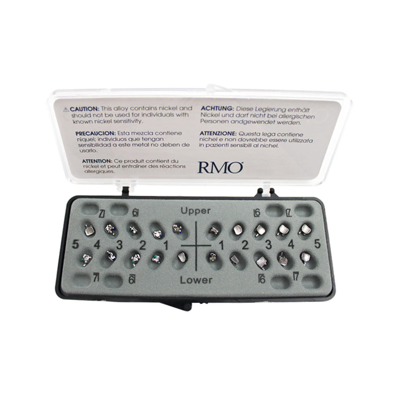 RMO Mini Twin Brackets Kit with Hook 3, 4, 5, metal brackets for dental or orthodontic use, 20-piece set.