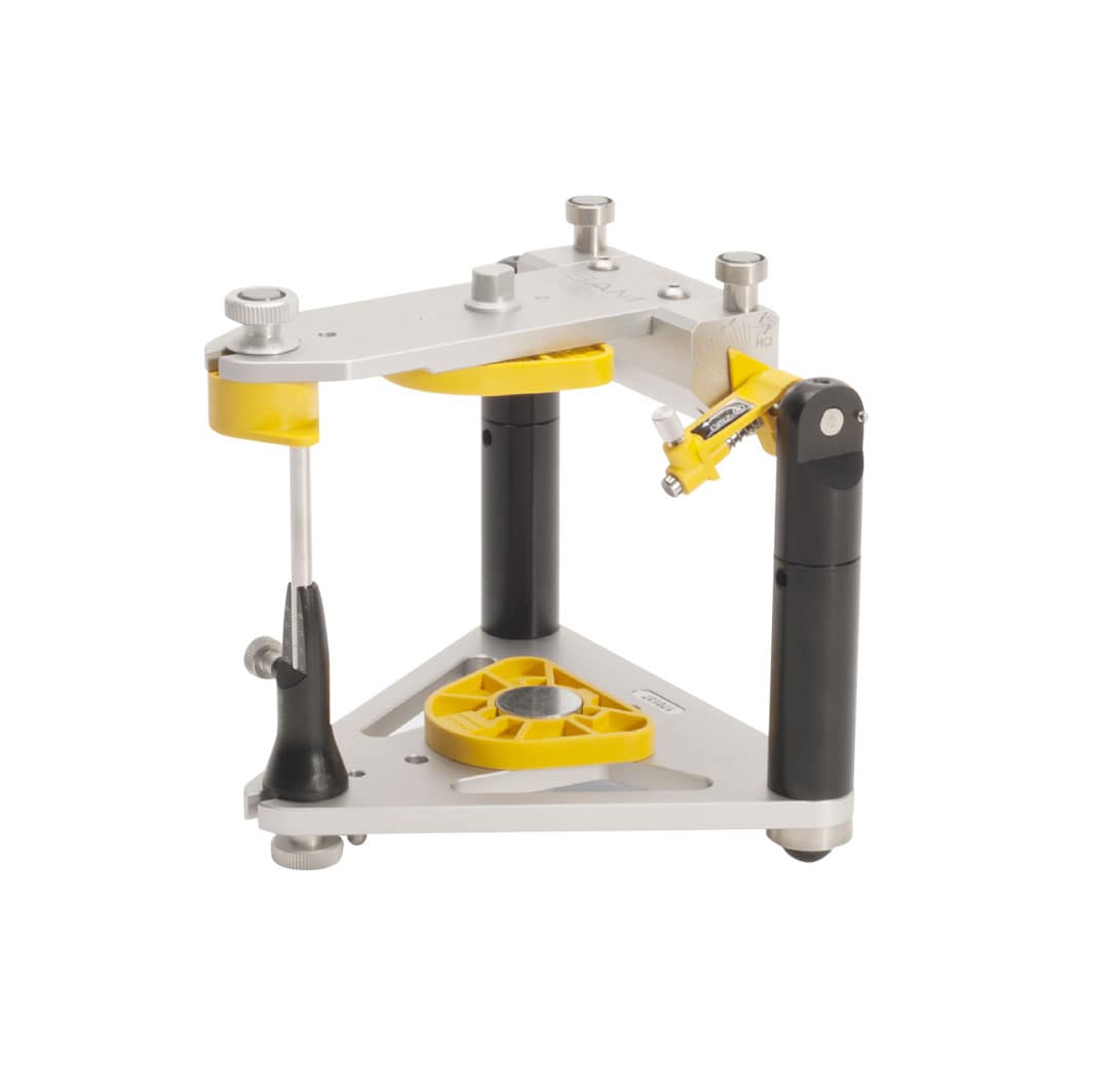 SAM NEO articulator with two magnetic plates, used for precise dental model mounting and occlusion analysis.