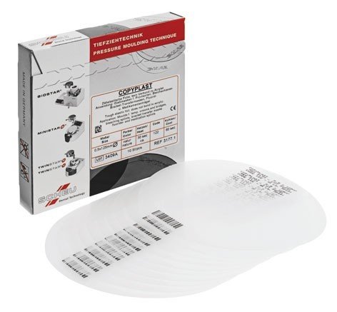 Scheu-Dental Copyplast 125 mm dental repair plastic sheet on packaging, used for dental prosthetics and repairs.
